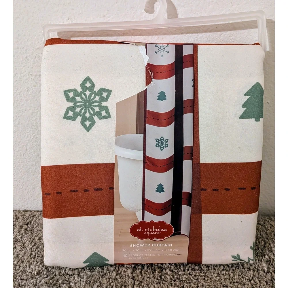 St Nicholas Square Christmas Shower Curtain‎ Snowflakes Trees Fabric 70x70